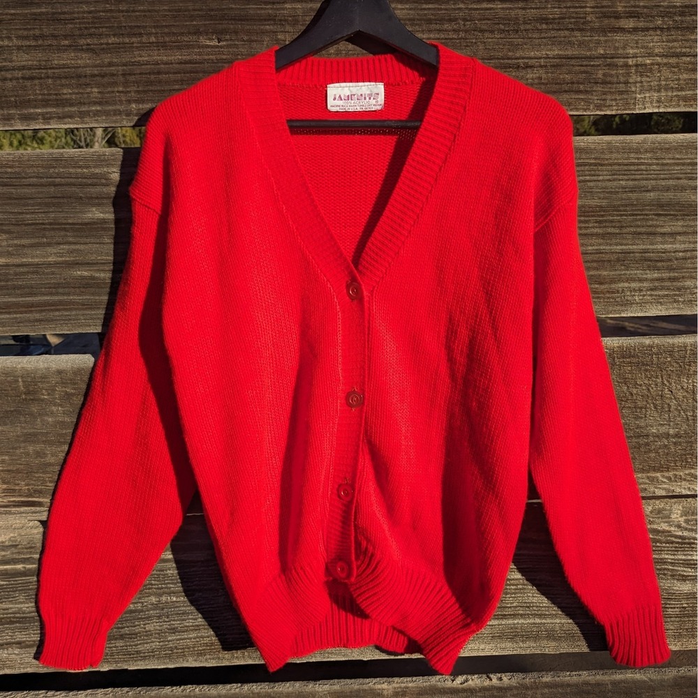 Vintage Red Cardigan Sweater Women's Small Acrylic Knit 80s Grunge Grandpa